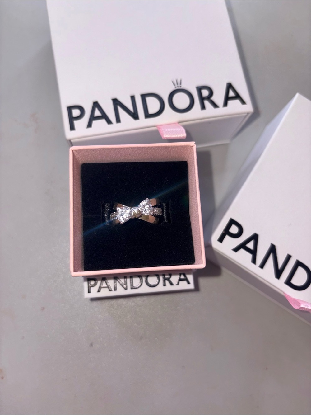 Pandora Silver Bow Ring with Clear Stones
